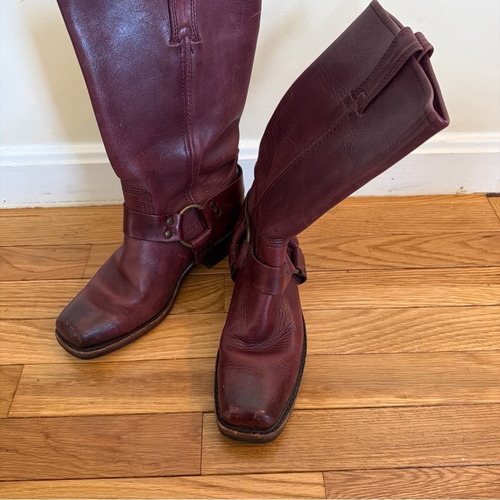 Frye Burgundy Leather Harness Mid-Calf Boots